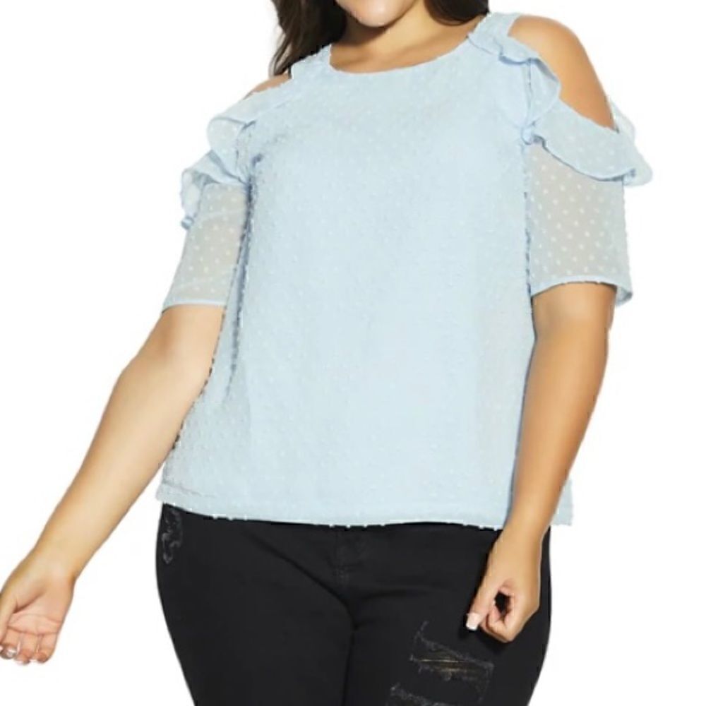 NWT City Chic Ella Dobby Sleeve Top Cold Shoulder Swiss Dot Blue Size XXS